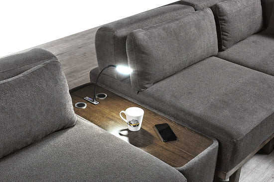 LUCAS Ecksofa Runder Hocker mit Holzplatte