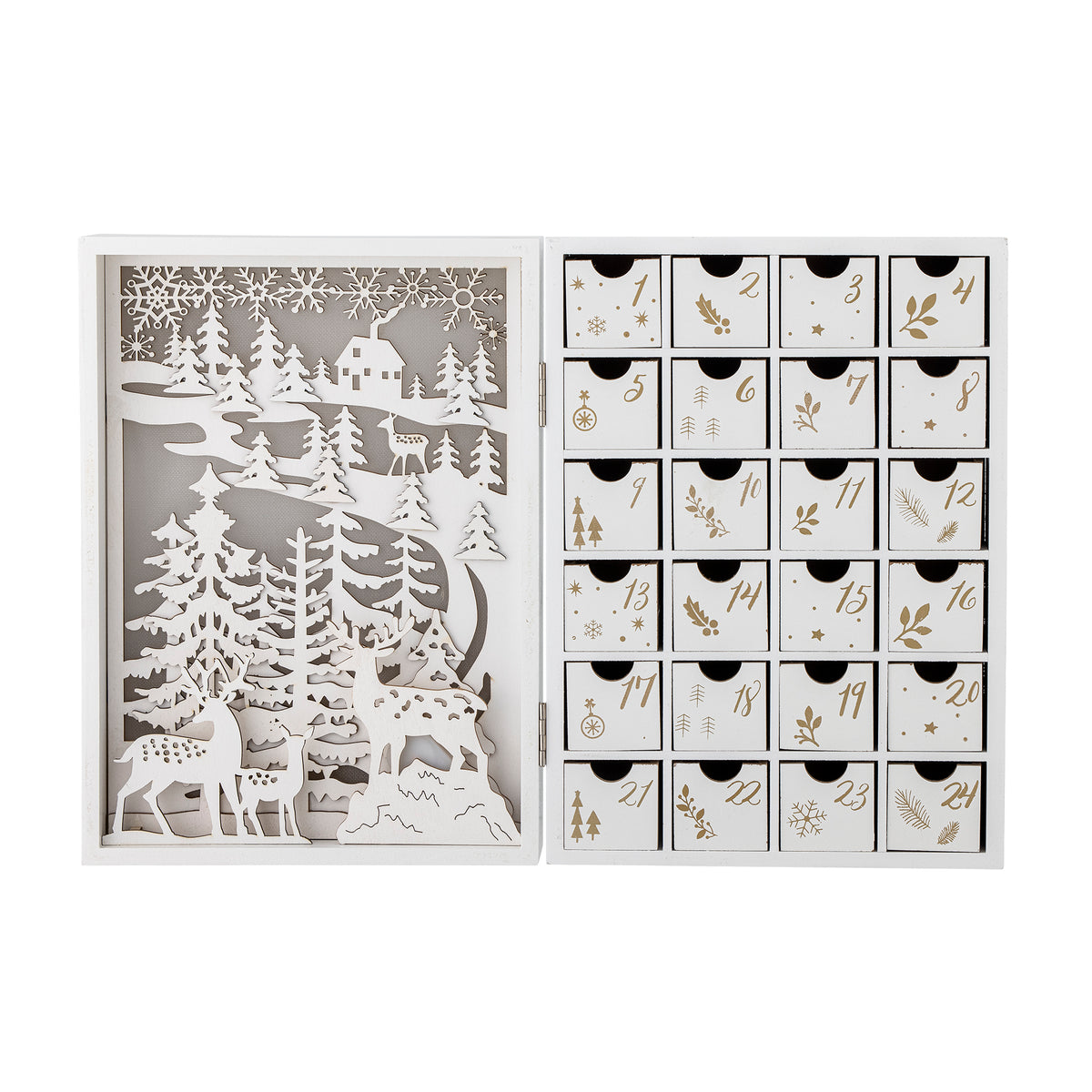 Elimar Adventskalender mit Licht – Weiss, Sperrholz